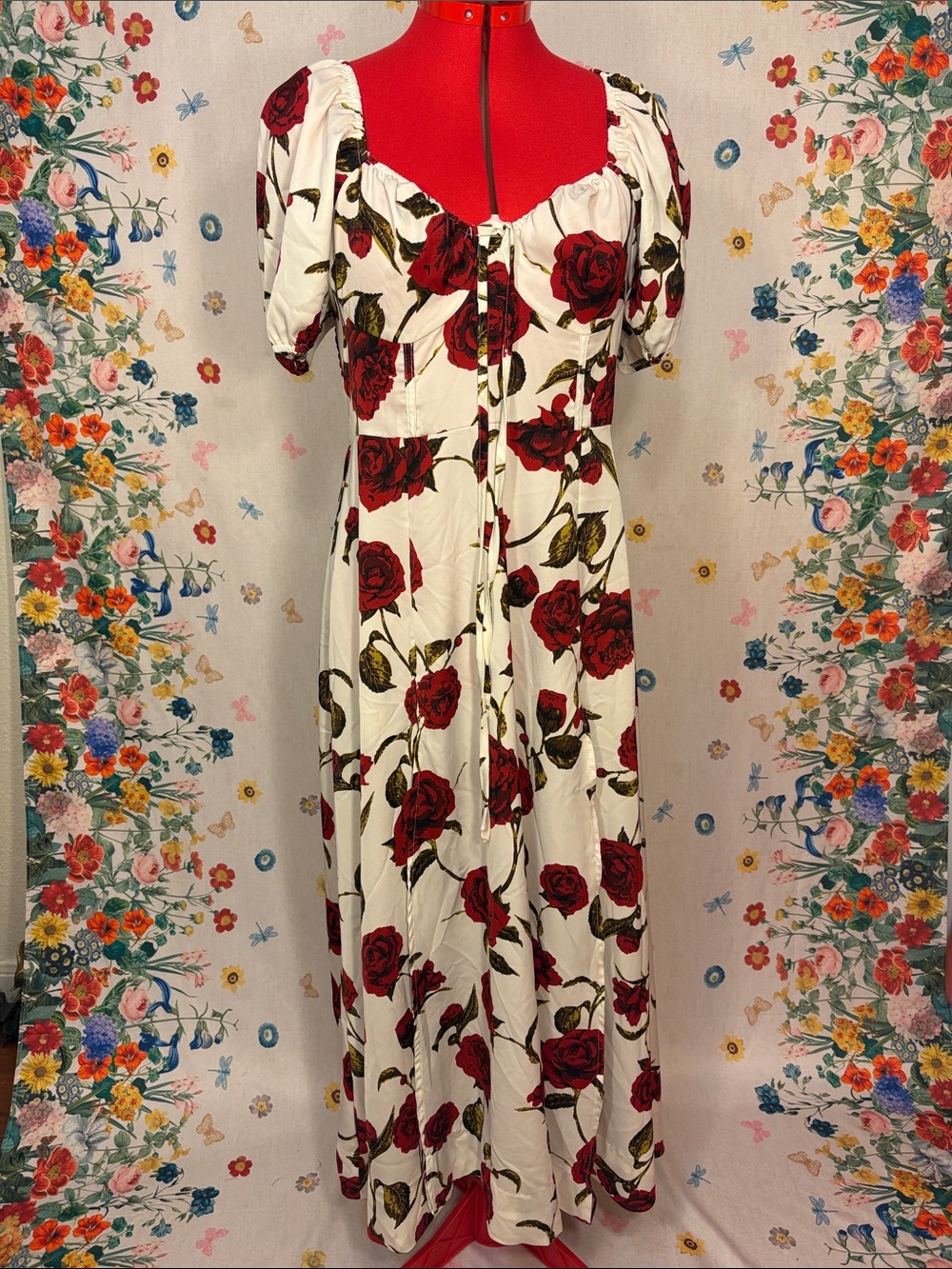 SHEIN - Romantic Bustier Maxi Dress with Red Rose Print & Double Front Slits